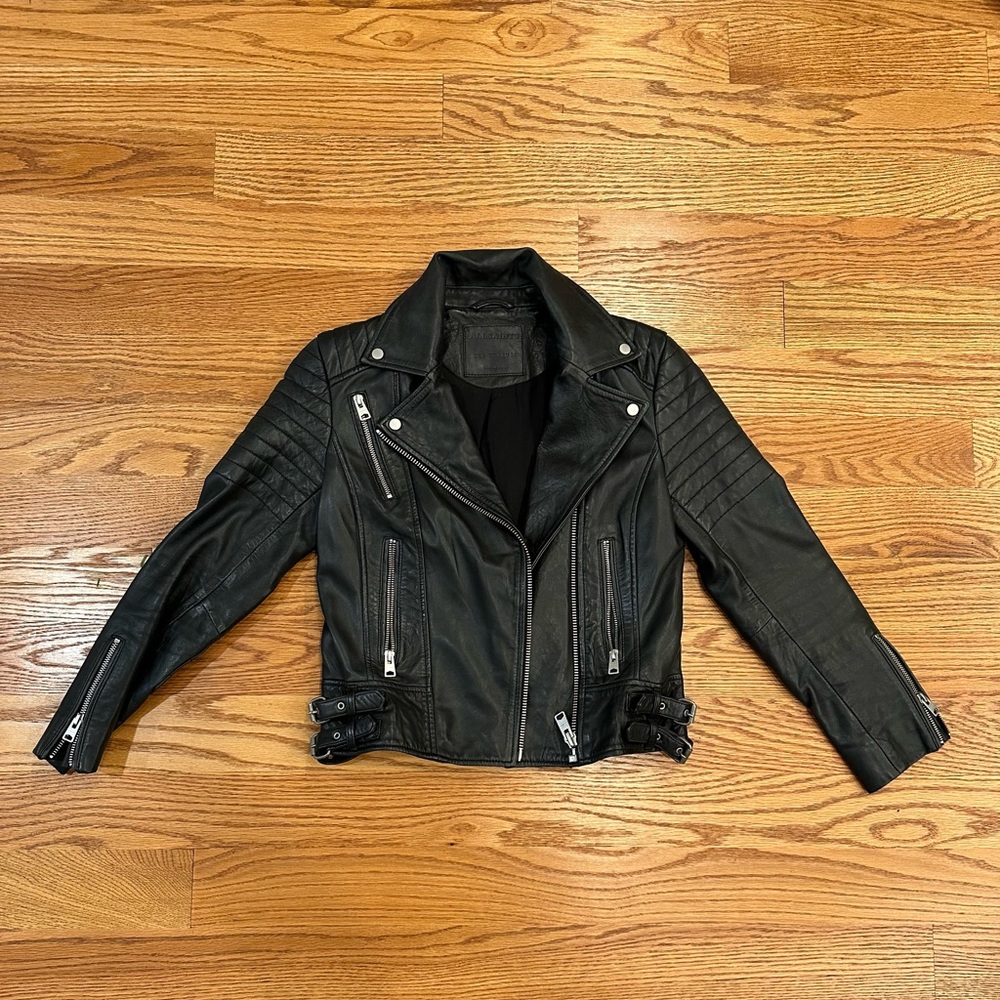 all saints leather motto jacket size up 8, us 4